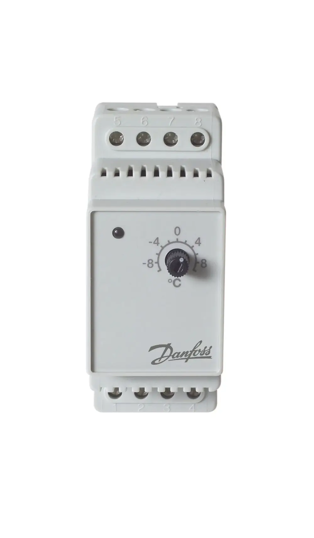 Elektronischer Danfoss-Thermostat in Weiß mit einem Regelbereich von -10 bis +10 °C. Drehregler zur Temperatureinstellung und Anschlussklemmen auf der Unterseite.
