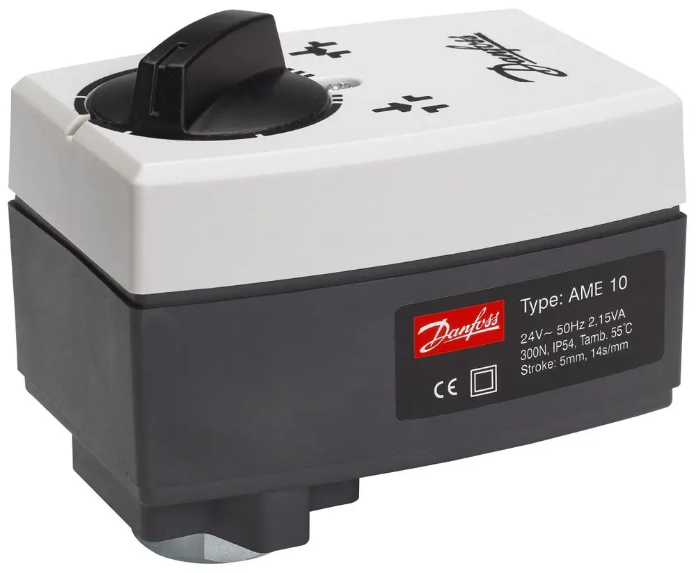 Elektrischer Stellantrieb von Danfoss mit einem Drehknopf für die Steuerung. Gehäuse in zwei Farben, ausgestattet für verschiedene Anwendungen.