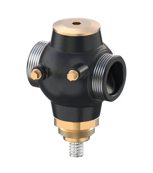 Durchgangsventil mit Außengewinde, gefertigt aus GGG-40. Die Konstruktion zeigt Anschlüsse und eine zentrale Gewindeöffnung. Produkt von Danfoss.