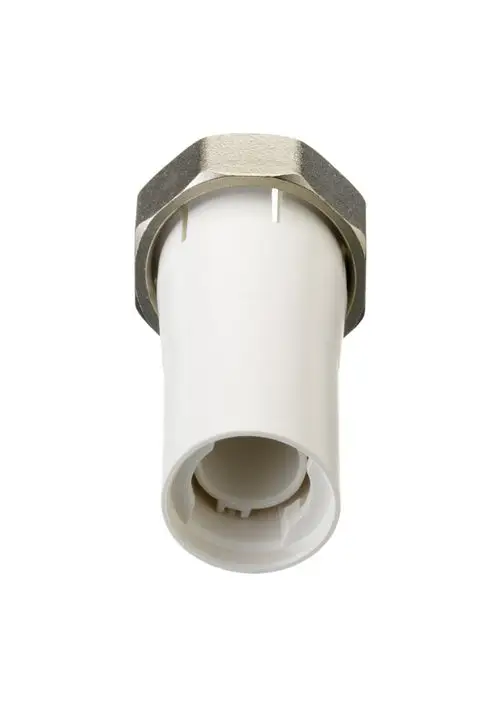 Adapter aus Kunststoff mit metallischem Gewinde, geeignet für Danfoss Ferneinstellelemente. Enthält eine Öffnung zur Verbindung mit einem M30x1,5 Gewinde.