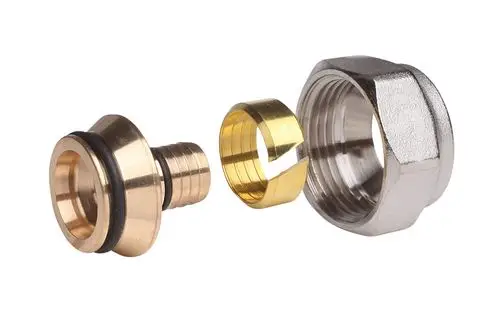 Klemmverbinder zur Verbindung von PEX-Rohren, bestehend aus Metall und Kunststoff, mit einem Teil zur Verbindung und einer Dichtung. Produkt von Danfoss.