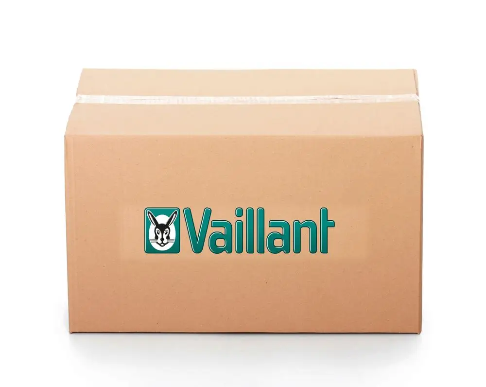 Braune Versandbox mit dem Vaillant-Logo auf der Vorderseite. Die Box ist unbeschriftet und zeigt keine weiteren Details zum Inhalt.