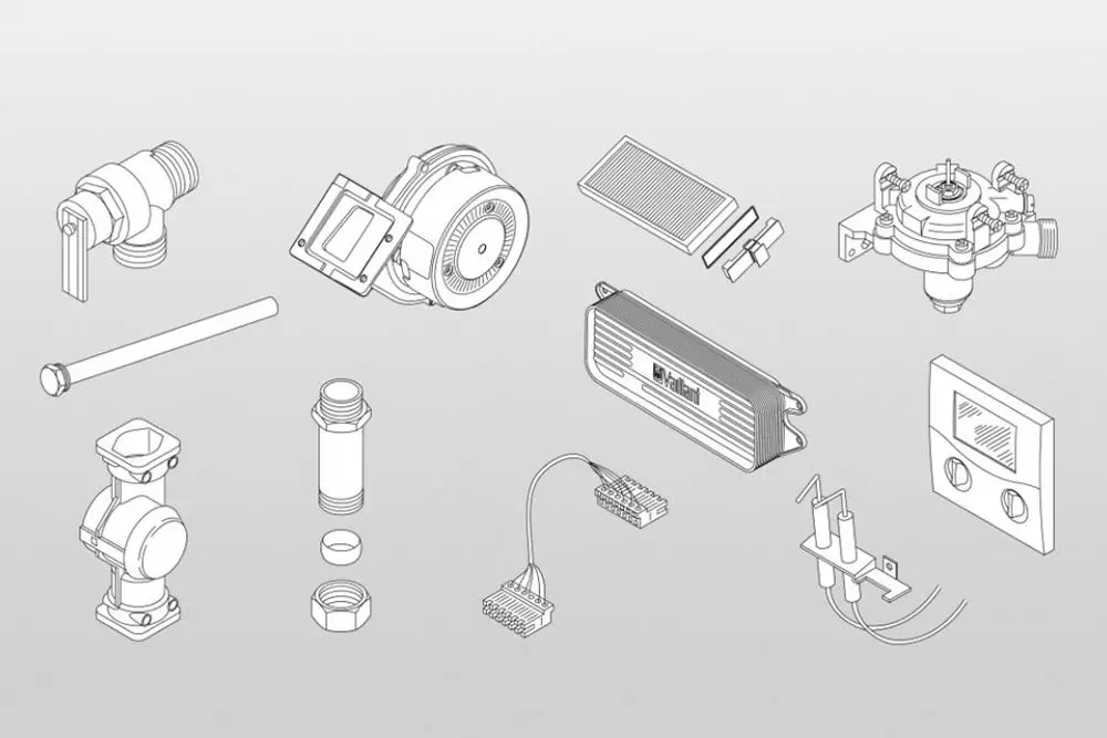 Isolierte technische Zeichnung von verschiedenen Komponenten, darunter ein Vaillant-Gerät, ein Filter, Rohre, Ventile und Anschlussstücke in schematischer Darstellung.