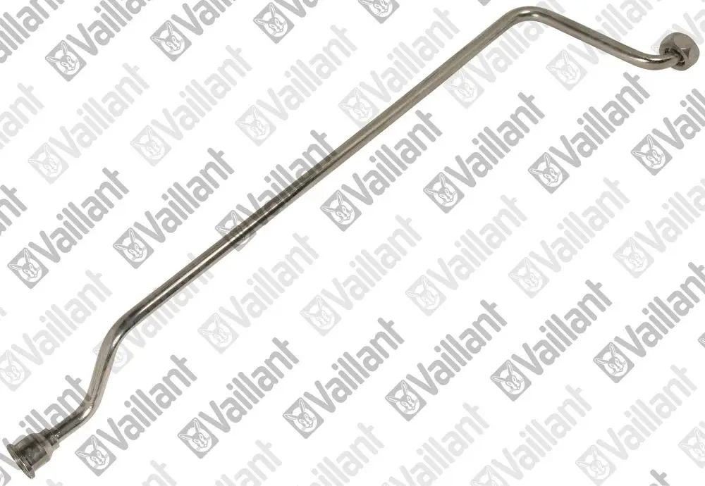 Vaillant-Anschlussrohr, gebogen mit zwei Enden, das für die Verbindung in Heizsystemen verwendet wird. Edelstahl-Finish, ohne erkennbare Maße.