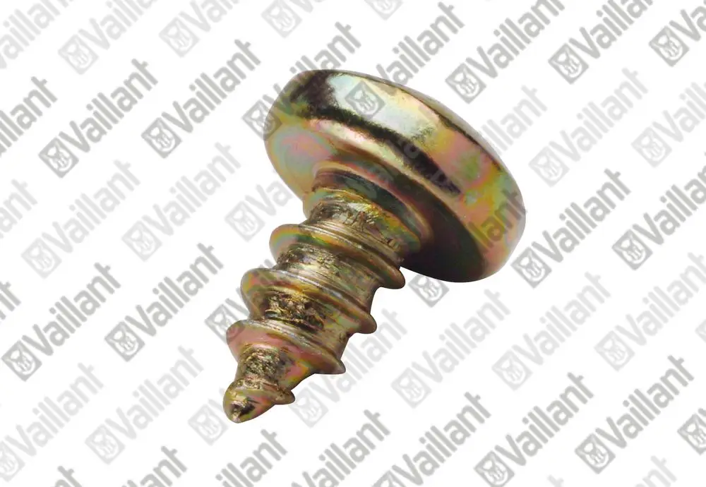 Blechschraube mit gewendeltem Schaft und flachem Kopf, aus Metall, mit farbiger Oberflächenbehandlung. Produkt von Vaillant.