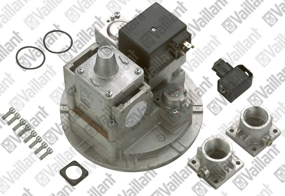 Vaillant Gasarmatur mit verschiedenen Befestigungen, Dichtungen und Steckverbindungen, geeignet für Heizungs- und Gasinstallationen.