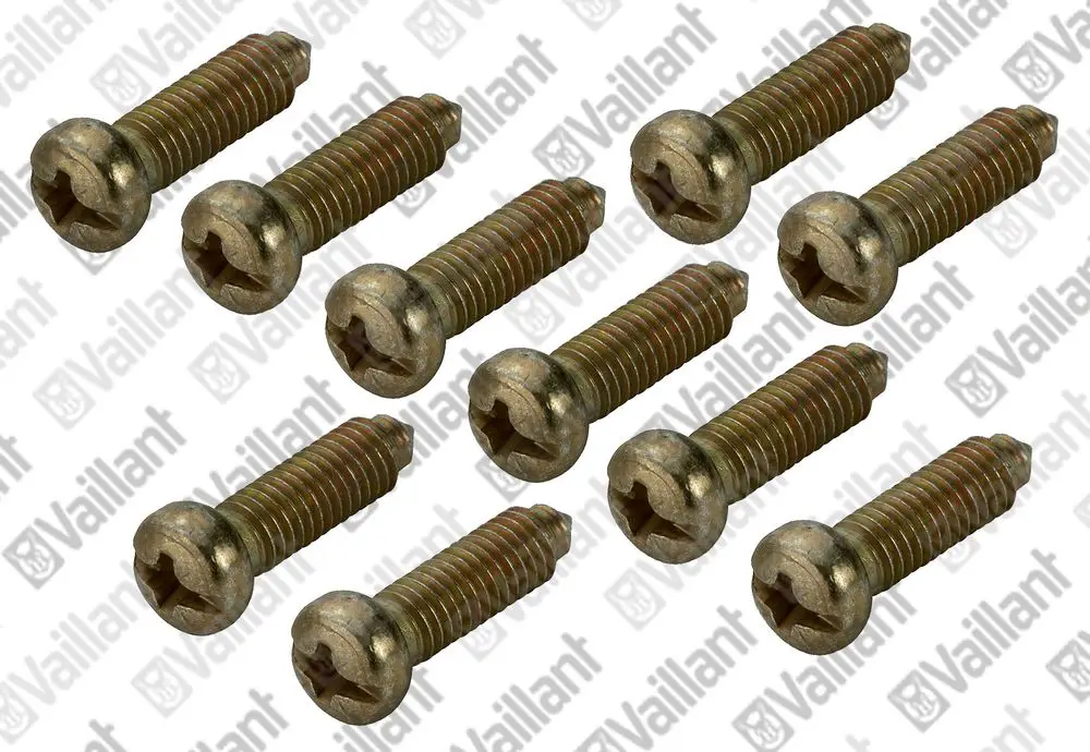 Zeichnung von Vaillant Schrauben, angeordnet in zwei Reihen. Die Schrauben haben einen kreuzförmigen Schlitz und eine metallische Oberfläche. Zehn Stück sind auf dem Bild sichtbar.