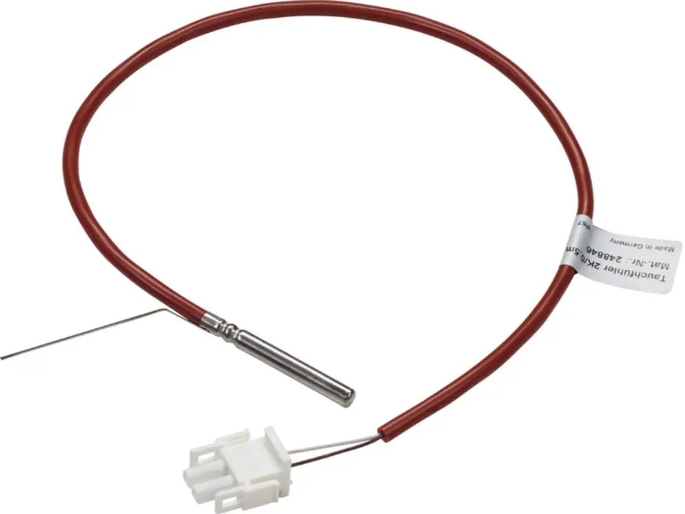 Tauchfühler mit rot isoliertem Kabel und weißem Steckverbinder, hergestellt von Stiebel Eltron, zur Temperaturmessung in Heizsystemen.