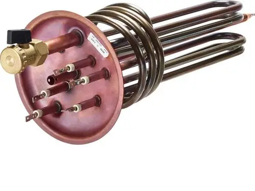 Heizflansch-Set von Stiebel Eltron mit mehreren Anschlüssen und einer spiralförmigen Heizspirale, geeignet für den Austausch in Heizsystemen.