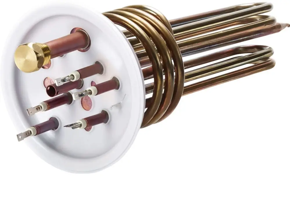 Heizflansch-Set von Stiebel Eltron mit mehreren elektrischen Anschlüssen und Heizschlangen, montiert auf einer runden Grundplatte.