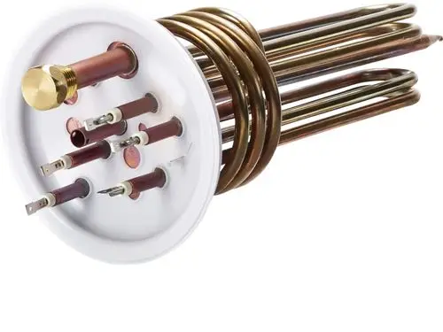 Heizflansch-Set von Stiebel Eltron mit mehreren elektrischen Anschlüssen und Heizschlangen, montiert auf einer runden Grundplatte.