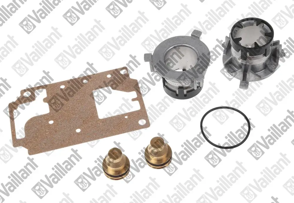 Vaillant Ersatzteilset bestehend aus zwei Metallventilen, einer Dichtung, einem Gehäuse und einer Gummidichtung für einen Umstellmechanismus.