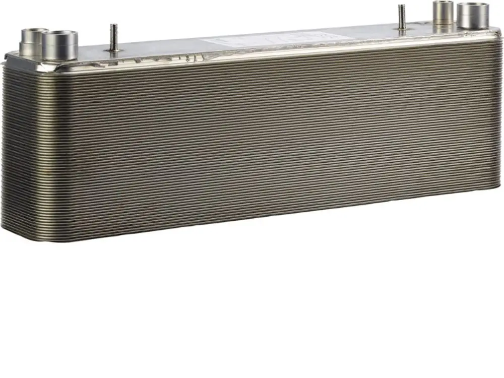 Stiebel Eltron Verdampfer aus Edelstahl mit gerippter Oberfläche und Anschlüssen an beiden Enden, geeignet für bestimmte Modelle der WPF-Serie.