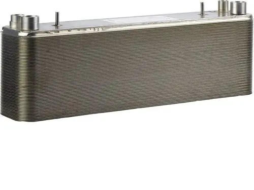 Stiebel Eltron Verdampfer aus Edelstahl mit gerippter Oberfläche und Anschlüssen an beiden Enden, geeignet für bestimmte Modelle der WPF-Serie.