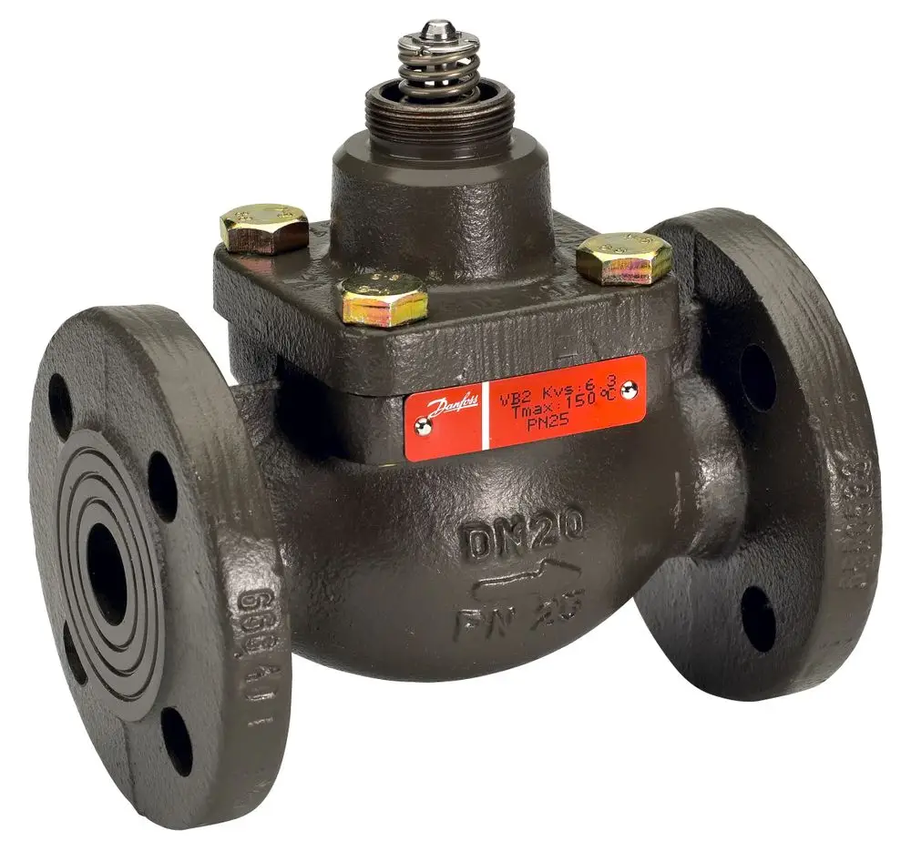 Durchgangsventil mit Flanschen und Sperrventilmechanismus, hergestellt von Danfoss. Das Gehäuse ist aus GGG40,3. Erkennbar sind mehrere Schrauben und eine Regulierungseinheit.