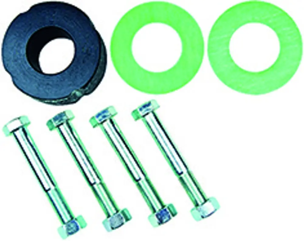 Schrauben, Unterlegscheiben und ein Gummi-Dichtungsring in verschiedenen Größen, präsentiert auf einem weißen Hintergrund. Wilo-Produkte für Montagen oder Reparaturen.