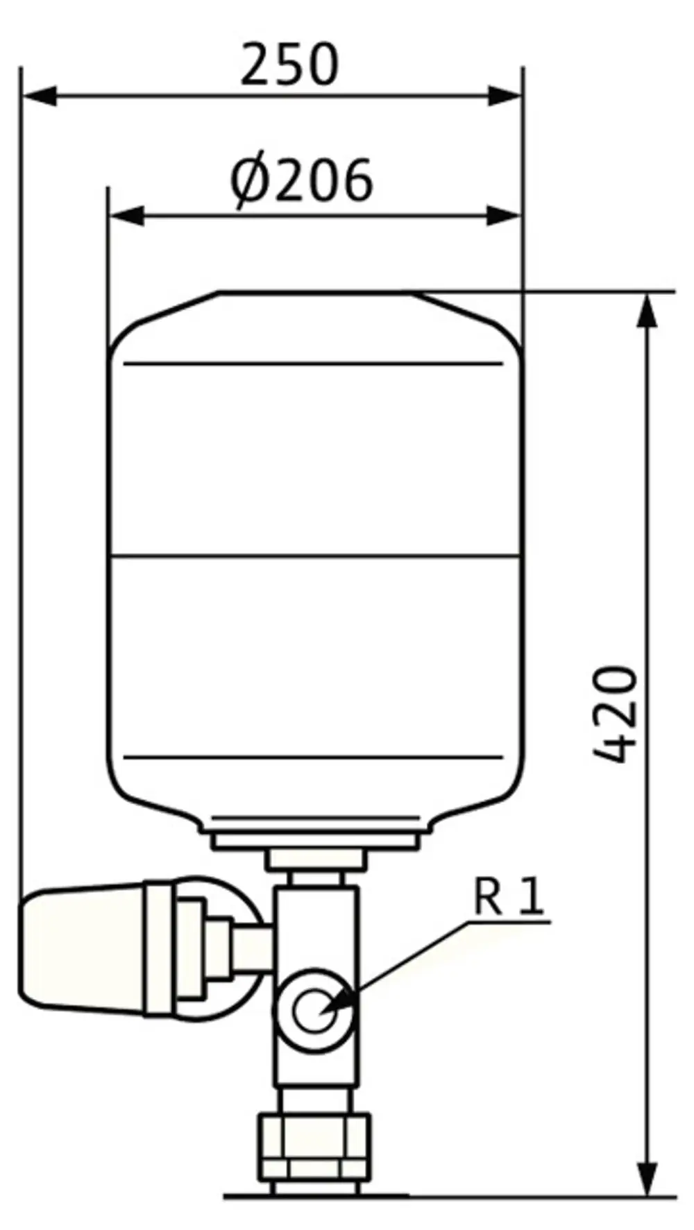 Druckregelungsventil von Wilo, zylindrisch mit einem R1-Anschluss, zeigt Maße für Durchmesser und Höhe. Diagramm mit technischen Spezifikationen abgebildet.