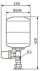 Druckregelungsventil von Wilo, zylindrisch mit einem R1-Anschluss, zeigt Maße für Durchmesser und Höhe. Diagramm mit technischen Spezifikationen abgebildet.