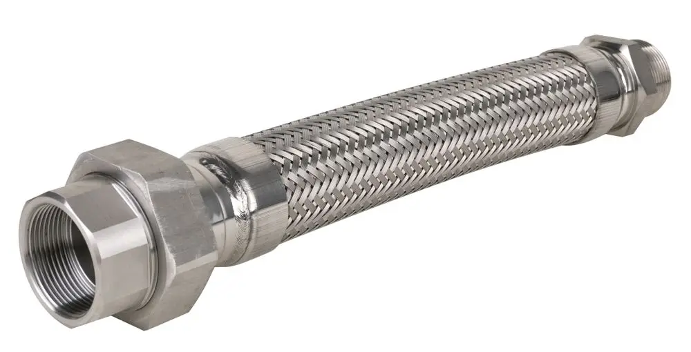 Flexible Edelstahlleitung mit gewebtem Mantel und zwei Anschlussgewinden, markiert mit "Wilo". Geeignet für verschiedene Anwendungen in der Haustechnik.