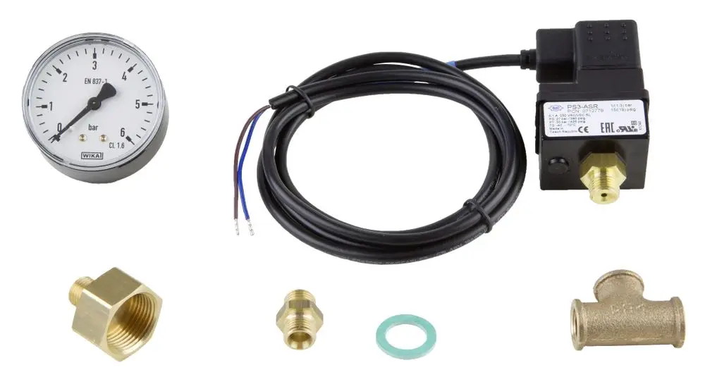 Wilo-Bausatz mit Manometer, Druckschalter, verschiedenen Messingfittings und Dichtungen zur Sicherstellung von Wasserdruck in Anlagen.