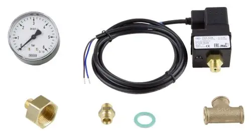 Wilo-Bausatz mit Manometer, Druckschalter, verschiedenen Messingfittings und Dichtungen zur Sicherstellung von Wasserdruck in Anlagen.