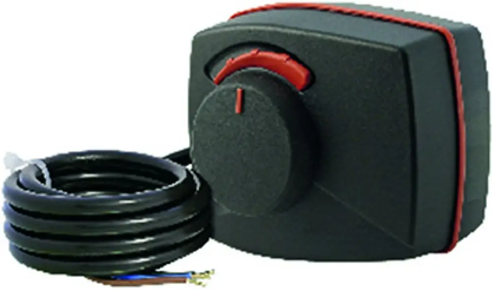 Schwarzer Wilo-Stellmotor mit rotem Einstellknopf und Anschlusskabel, geeignet für hydraulische Trennsysteme in Fußbodenheizungen.