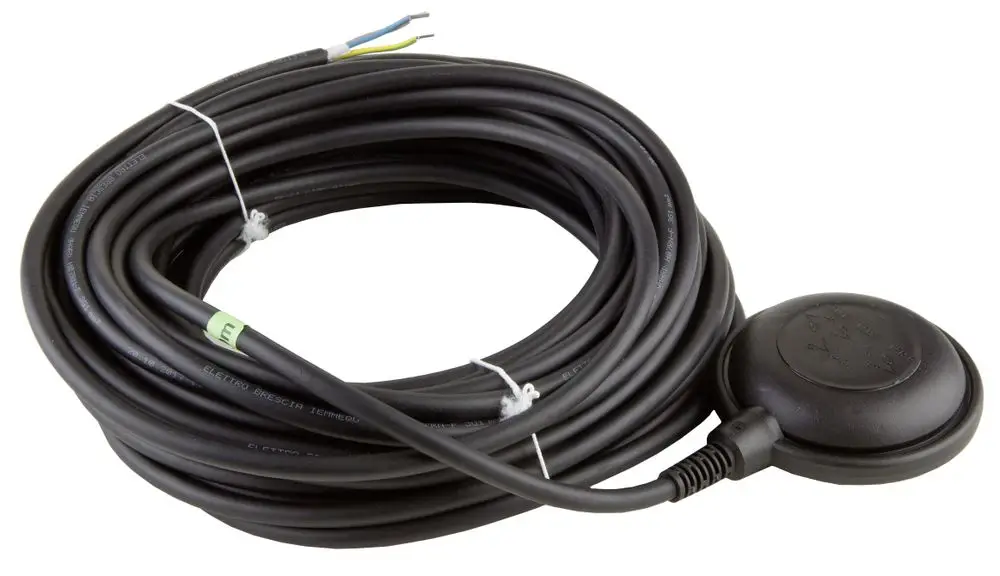 Kabel mit Schwimmerschalter von Wilo. Das Kabel ist spiralförmig gewickelt und hat einen runden Anschluss. Die Farben der Adern sind schwarz, blau und grün/gelb.