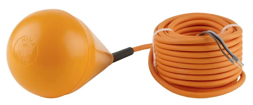 Schwimmerschalter mit orangefarbener Kugel und Kabel, hergestellt von Wilo, zur Steuerung von Wasserständen in Tanks oder Behältern.