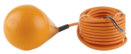 Schwimmerschalter mit orangefarbener Kugel und Kabel, hergestellt von Wilo, zur Steuerung von Wasserständen in Tanks oder Behältern.