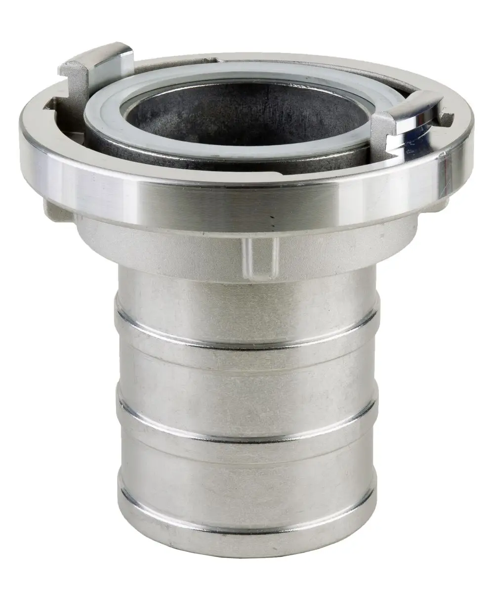 Metallische Storz-Schlauchkupplung mit einer Öffnung. Eine Dichtung ist im Inneren sichtbar. Wilo ist auf dem Produkt markiert.