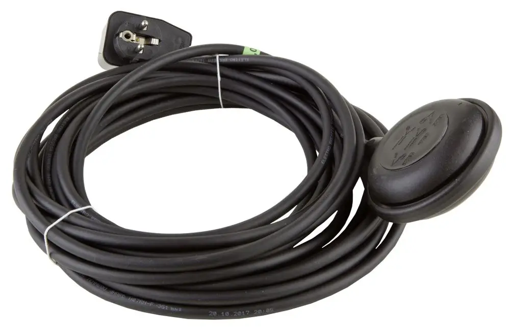 Kabel mit Stecker und runden Anschluss, das für einen Schwimmerschalter von Wilo verwendet wird. Kabel ist spiralförmig aufgewunden.