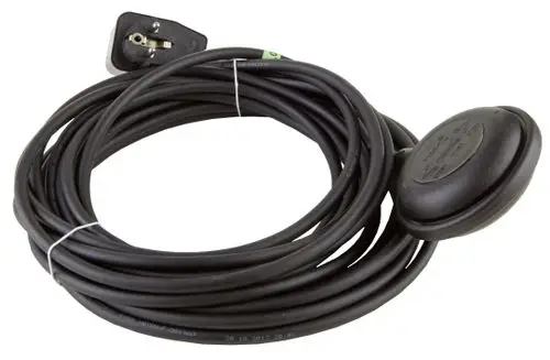 Kabel mit Stecker und runden Anschluss, das für einen Schwimmerschalter von Wilo verwendet wird. Kabel ist spiralförmig aufgewunden.