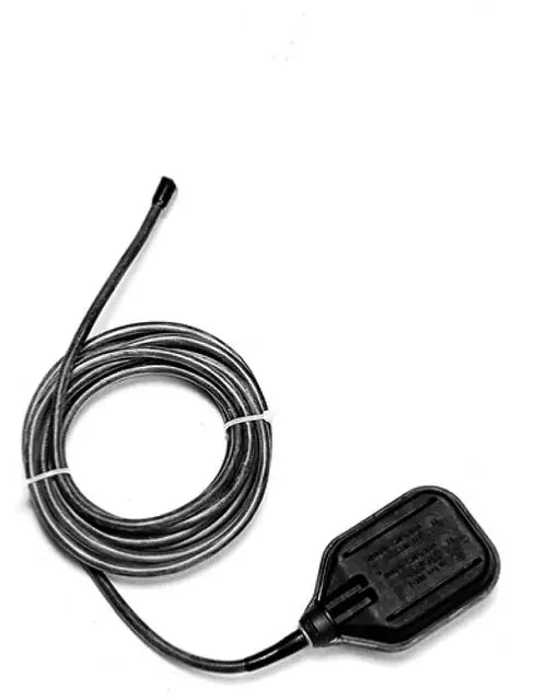 Schwimmerschalter mit abgerundeter Kunststoffeinheit und Kabel, geeignet für Anwendung in Pumpensystemen der Marke Wilo.