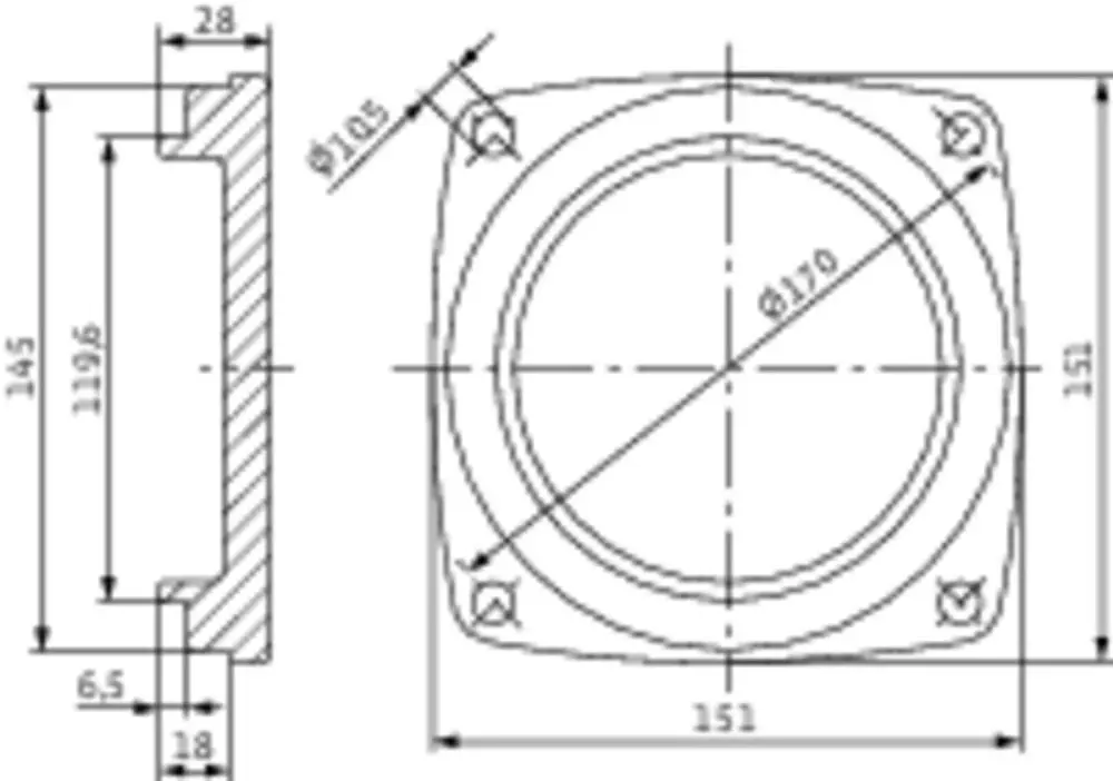 Blindflansch mit quadratischem Design und runder Öffnung, gefertigt von Wilo, mit sichtbaren Maßeinheiten und Befestigungslöchern.