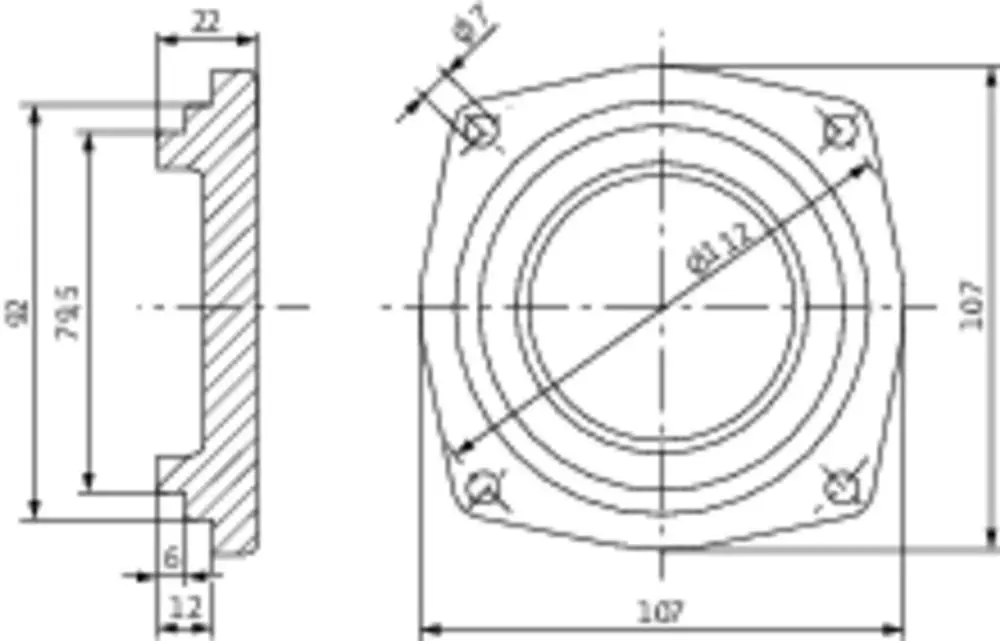 Blindflansch von Wilo mit sechseckiger Form, Durchmesser und Bohrungen sind abgebildet. Technische Zeichnung zeigt die Maße und Details des Flansches.