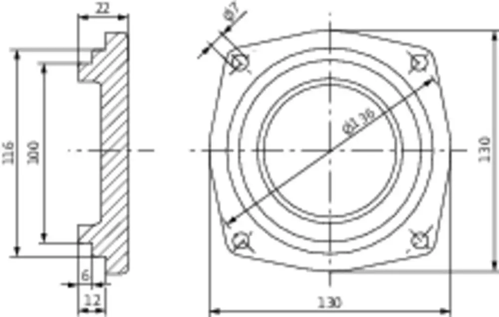 Blindflansch mit hexagonalem Design, sichtbare Bohrlöcher und Dickenangaben, möglicherweise für Rohrsysteme, hergestellt von Wilo.