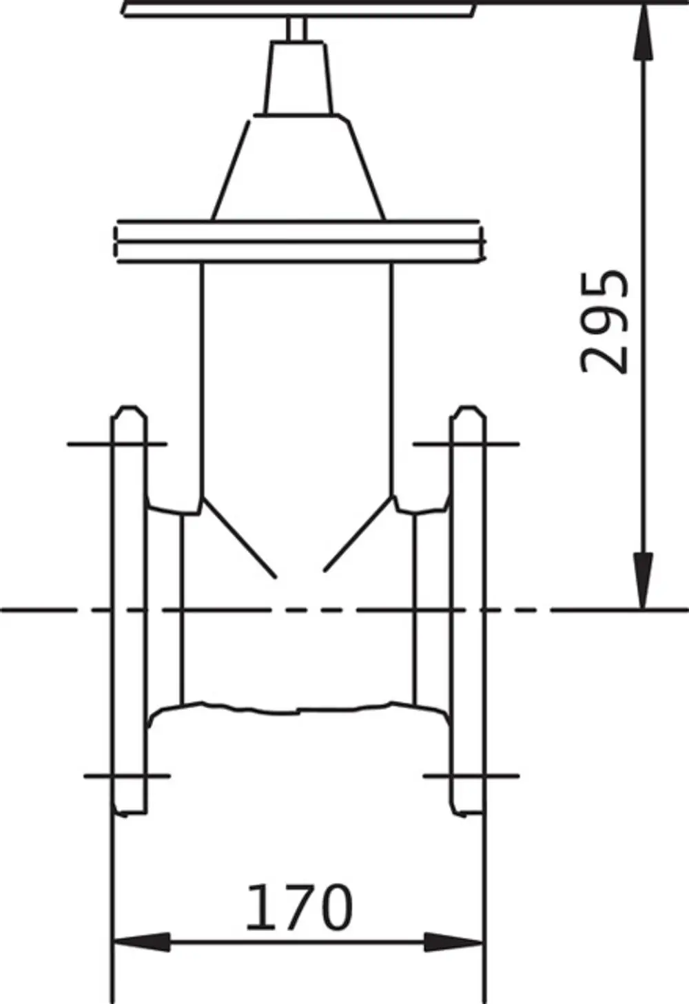 Wilo Absperrschieber in side view mit flanschartigem Anschluss, klar definierte Form, geeignet für Rohrleitungen, deutliche Darstellung der Abmessungen.