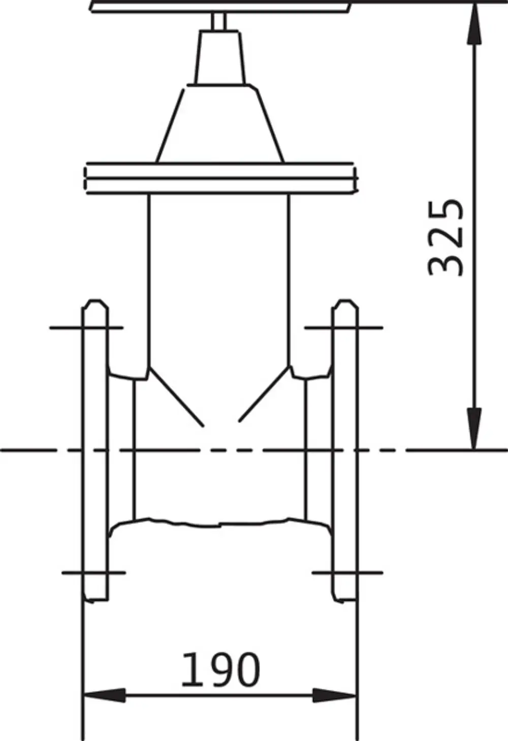 Schematische Darstellung eines Absperrschiebers, gefertigt aus Gusseisen, mit einer Höhe von 325 mm und einer Breite von 190 mm. Hersteller: Wilo.