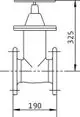Schematische Darstellung eines Absperrschiebers, gefertigt aus Gusseisen, mit einer Höhe von 325 mm und einer Breite von 190 mm. Hersteller: Wilo.