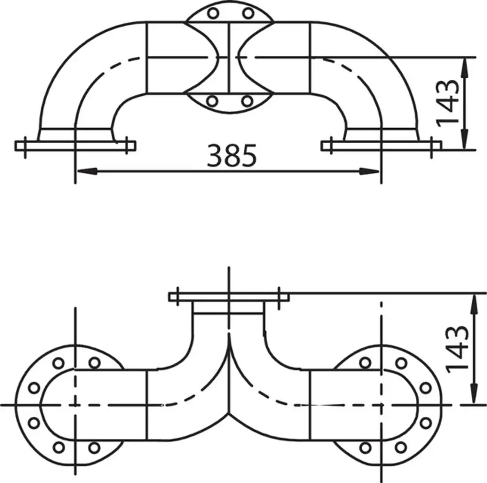 Technische Zeichnung eines mechanischen Zubehörs, das als verbindendes Element dient, mit Flanschen und gebogenen Rohren, hergestellt von Wilo.