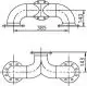 Technische Zeichnung eines mechanischen Zubehörs, das als verbindendes Element dient, mit Flanschen und gebogenen Rohren, hergestellt von Wilo.
