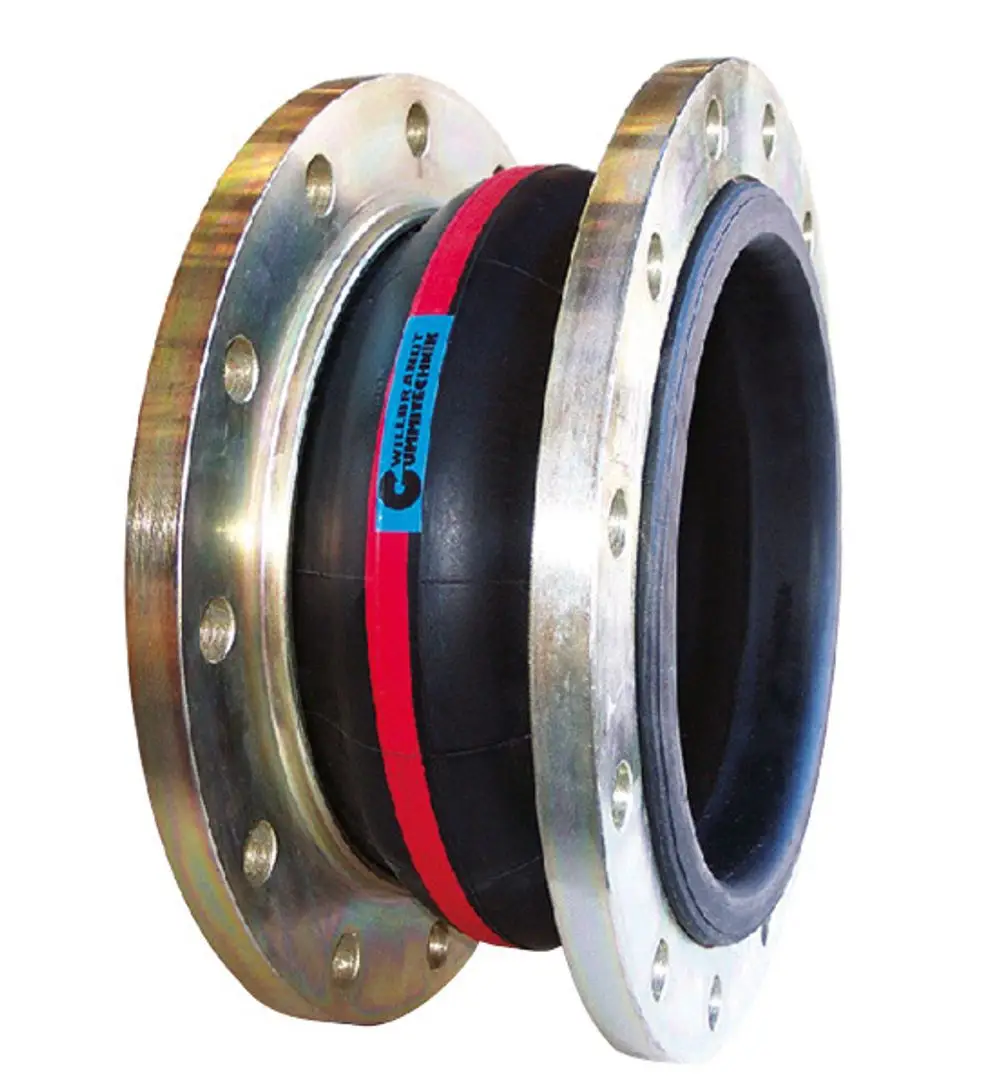 Kompensator mit zwei Metallflanschen und einem flexiblen Gummikörper in der Mitte, hergestellt von Wilo, zur Anpassung von Bewegungen in Rohrleitungssystemen.