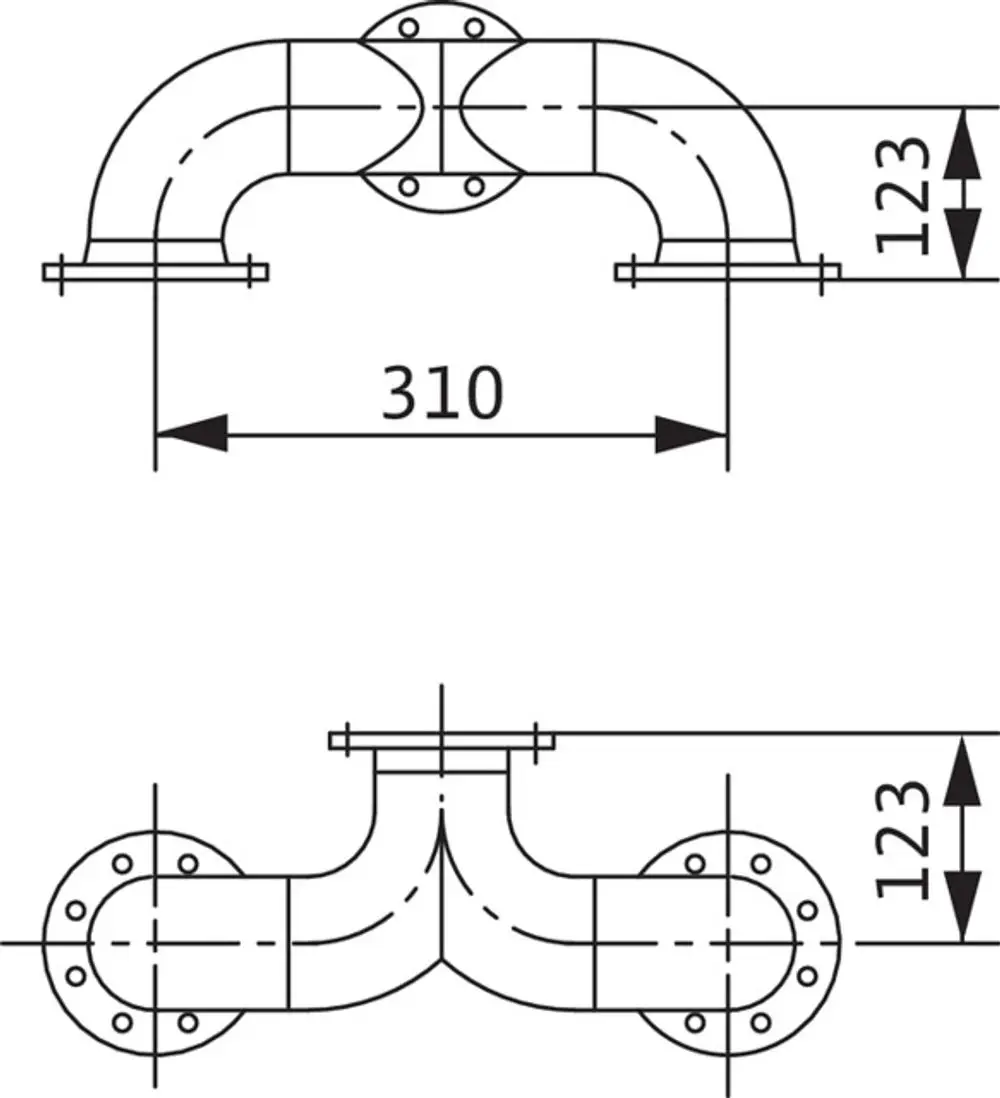 Technische Zeichnung eines mechanischen Verbindungselements mit gebogenen Rohren, Flanschen und Maßangaben, hergestellt von Wilo.