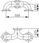 Technische Zeichnung eines mechanischen Verbindungselements mit gebogenen Rohren, Flanschen und Maßangaben, hergestellt von Wilo.