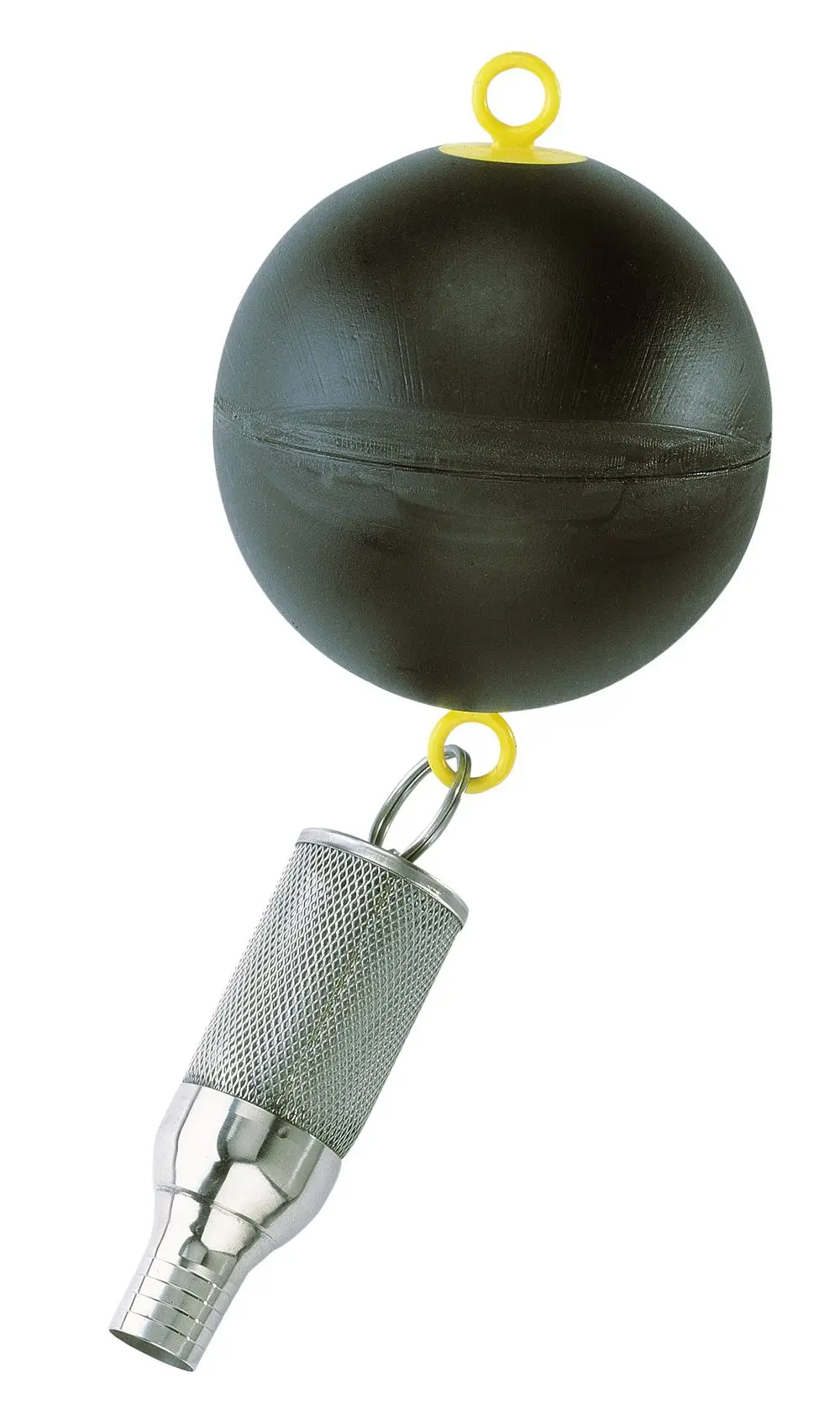 Schwarze Gummikugel mit gelbem Aufhängering und Metallanschluss. Teil des mechanischen Zubehörs von Wilo für Ansaug-Grobfilter.