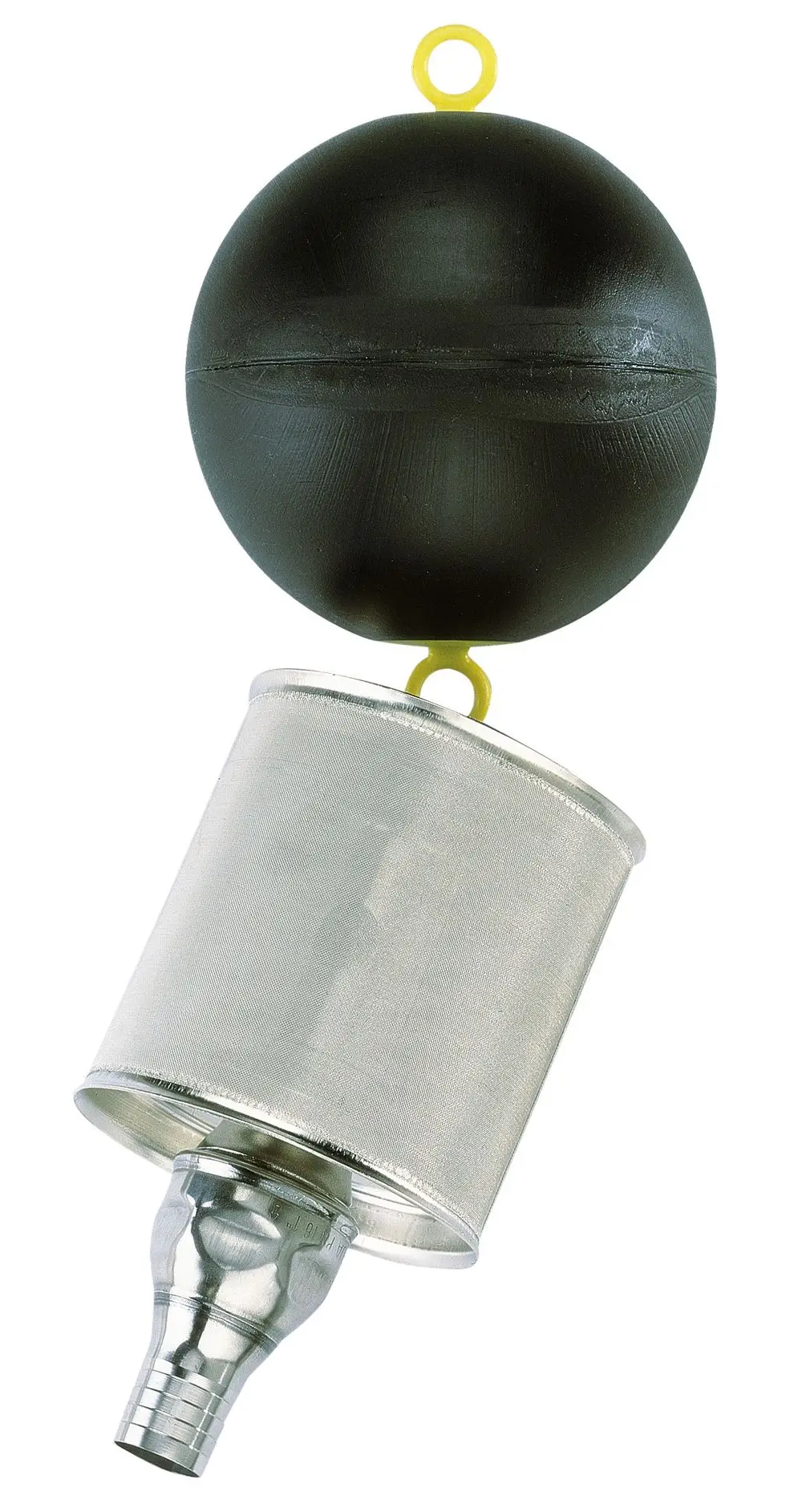 Filtrationssystem mit runder schwarzer Kappe und silbernem Gehäuse. Das Produkt gehört zur Marke Wilo und dient der Vorfilterung in Ansaugsystemen.