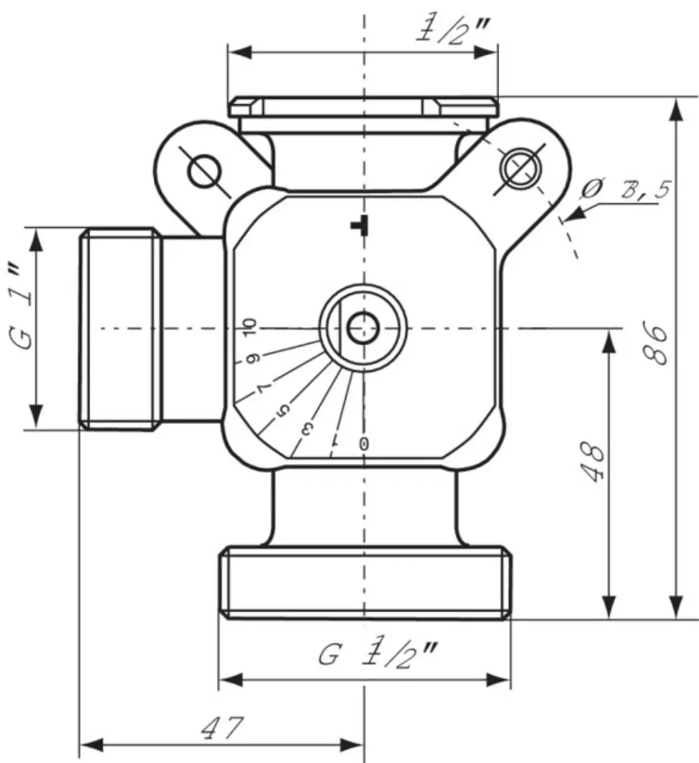 Hydraulische Trennungseinheit von Wilo, mit mehreren Anschlussmöglichkeiten und integrierter Regelung, schematische Darstellung mit Maßen und Anschlussgewinden.