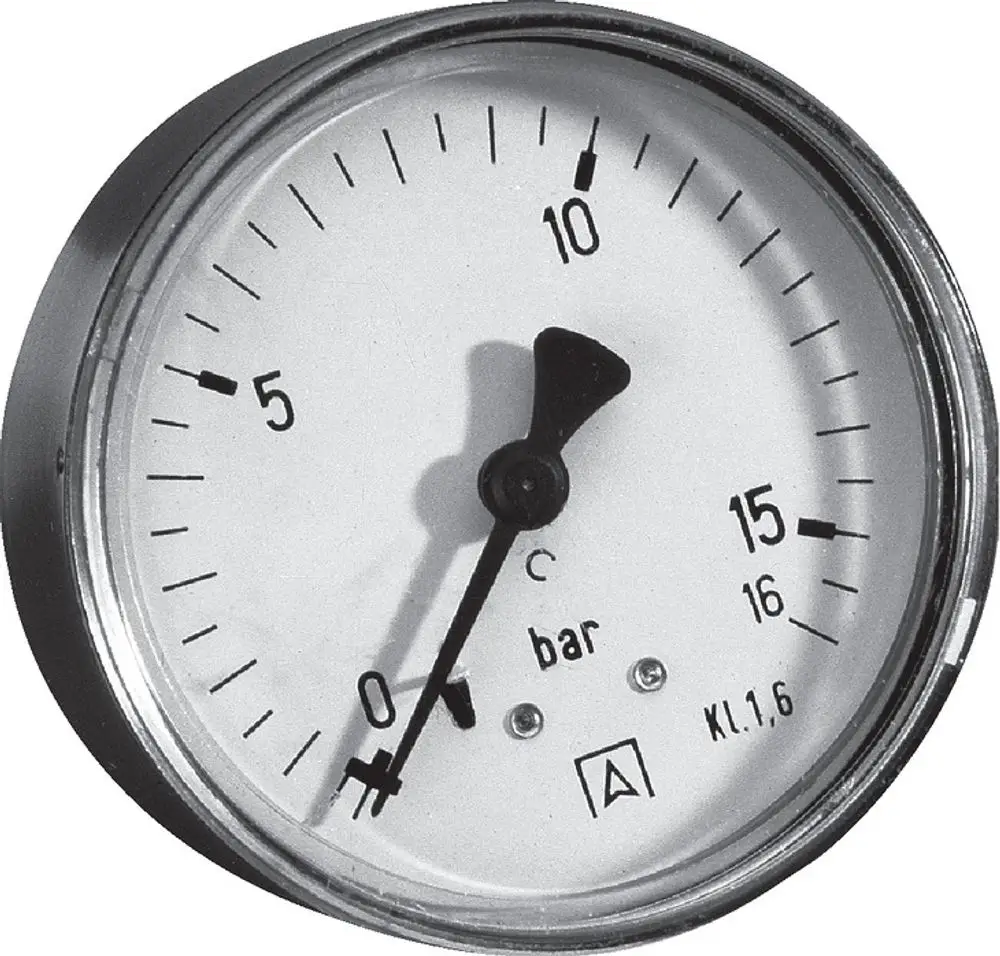 Mechanisches Manometer von Wilo mit einer Skala von 0 bis 16 bar. Zeiger zeigt den aktuellen Druck auf der weißen Ziffernblattanzeige an.