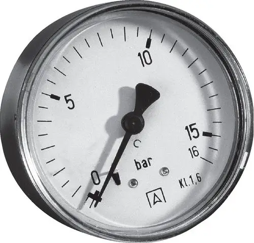 Mechanisches Manometer von Wilo mit einer Skala von 0 bis 16 bar. Zeiger zeigt den aktuellen Druck auf der weißen Ziffernblattanzeige an.