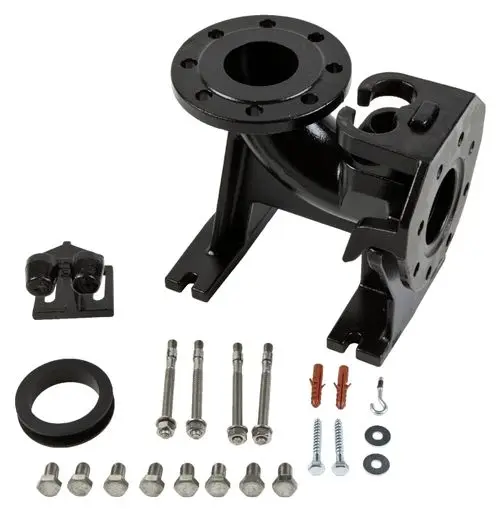 Schwarzes mechanisches Zubehör von Wilo, bestehend aus einer Einhängevorrichtung und verschiedenen Montageschrauben, für die Installation von Geräten.
